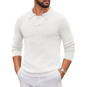 Men's Knit Polo Long Sleeve V-Neck Pullover Sweaters Collared Knitted White